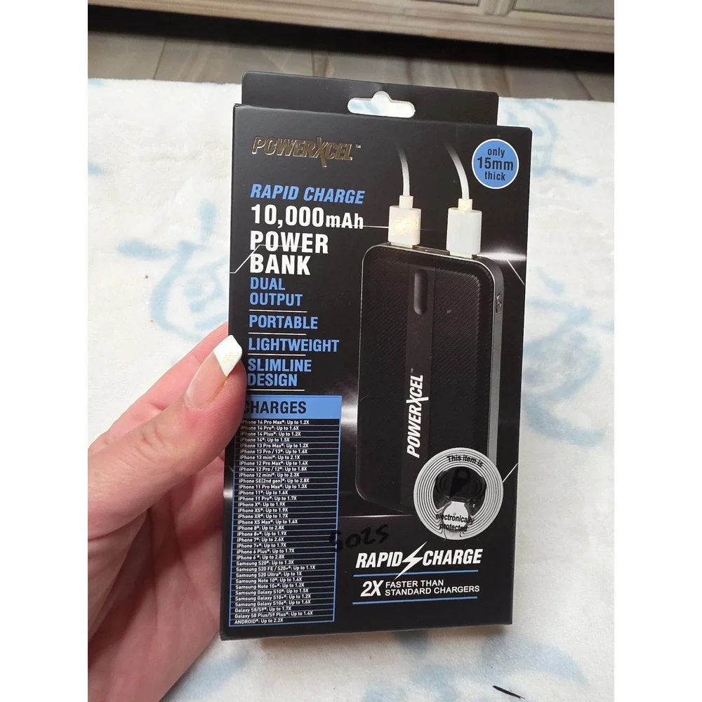 PowerXcel 10000mAh Rapid Charge Power Bank Dual USB Portable Slim Black‎ 15mm